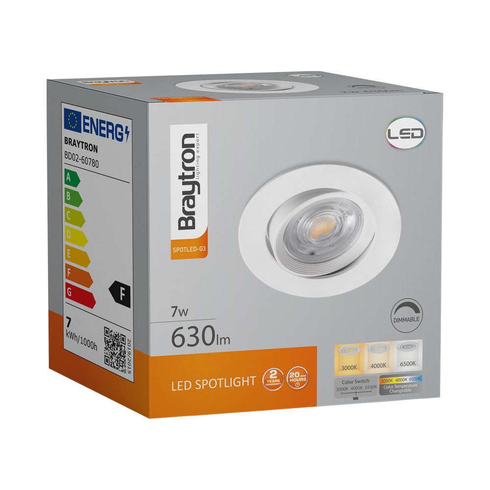 Braytron 7W dæmpbar LED-spotlight 630 lumen 3-i-1 farve hvid IP20