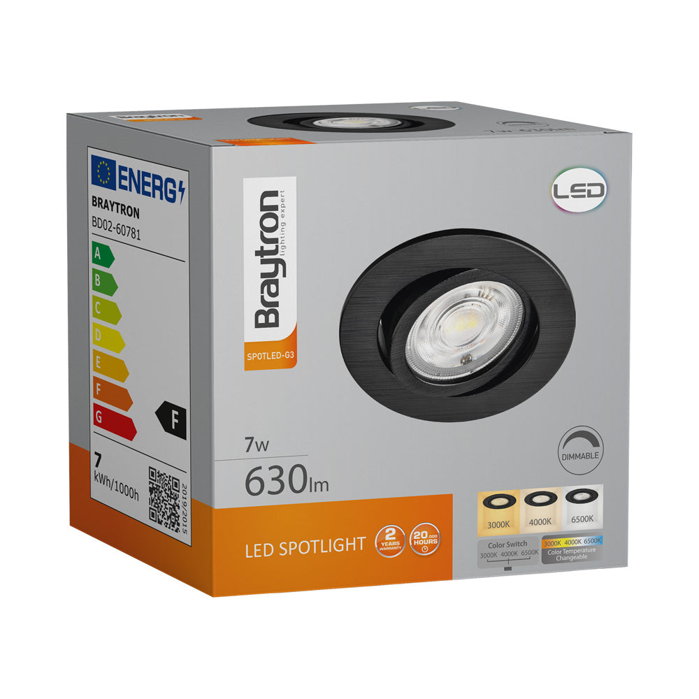 Braytron 7W dæmpbar LED-spotlight, 630 lumen, 3IN1 farvetemperatur, sort, CRI > 80, IP20