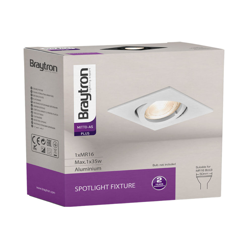 braytron square black recessed spotlight 35w, aluminum, ip20, indoor gu10, mr16