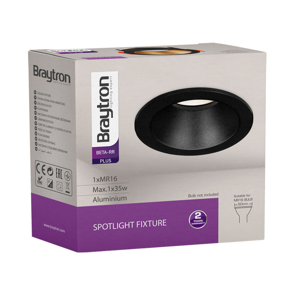 Braytron GU10 Recessed Spotlight Black, 35w, MR16 Socket, IP20, Aluminum Housing, for Indoor Use