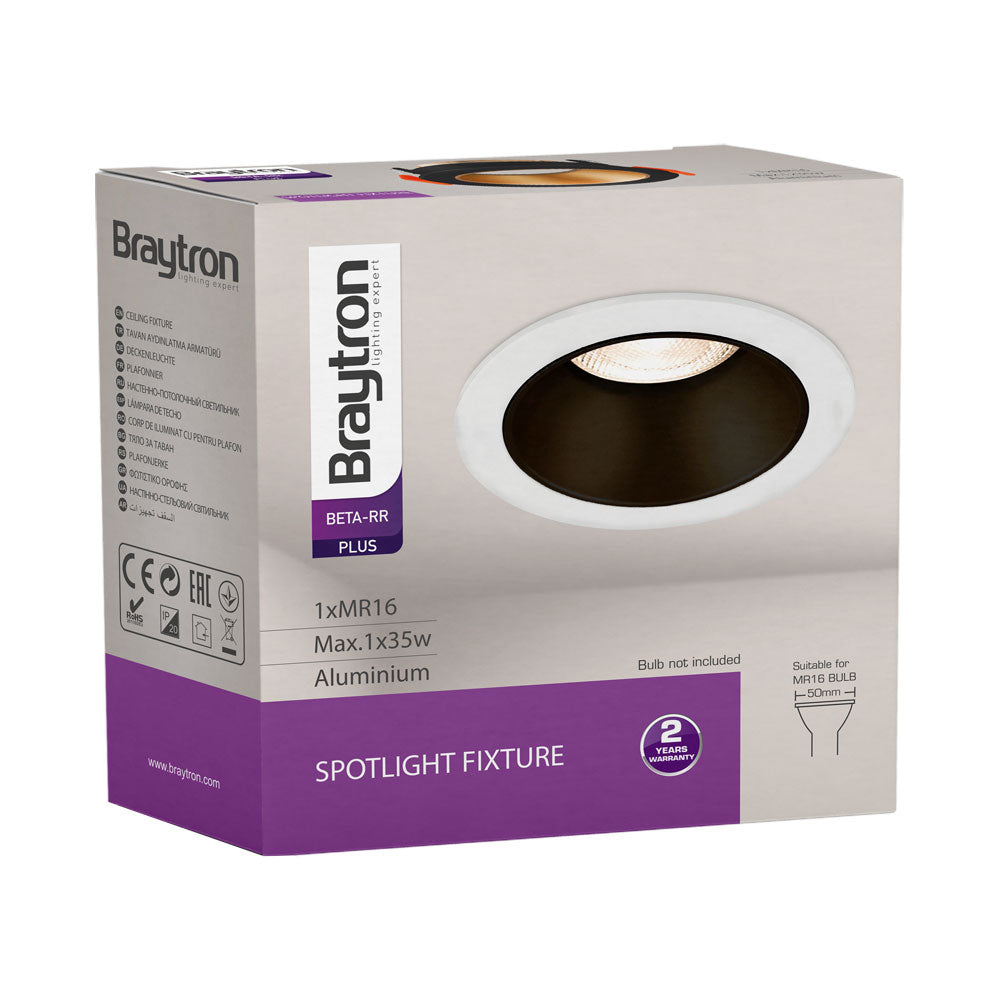Braytron GU10 indbygget LED spotlys, maks. 35W, IP20, rund aluminium Hvid-Sort, 85mm udskæring 70mm