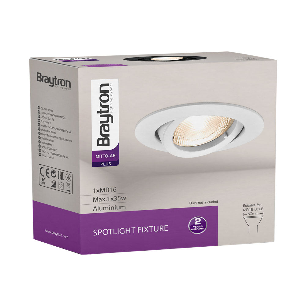 Braytron indbygget rund LED spotlampe, Sort aluminium, MR16 fatning, maks. 35W, IP20 indendørs belysning