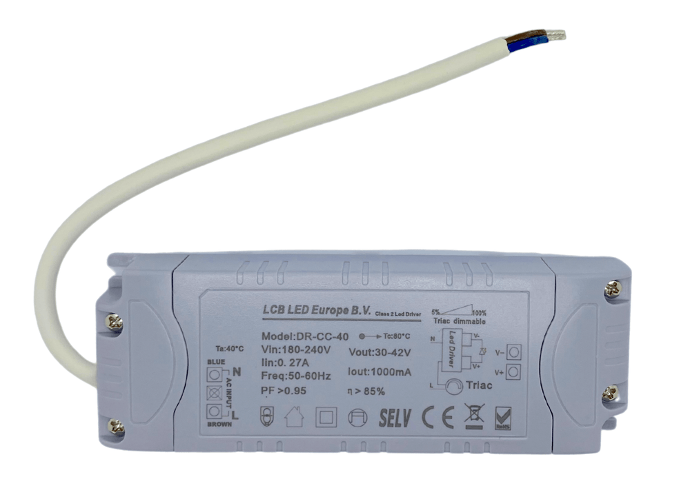 Lcb dæmpbar LED-driver til 36W/40W LED-panel, 30-42V 1000mA, IP20, triac-fase afskæring