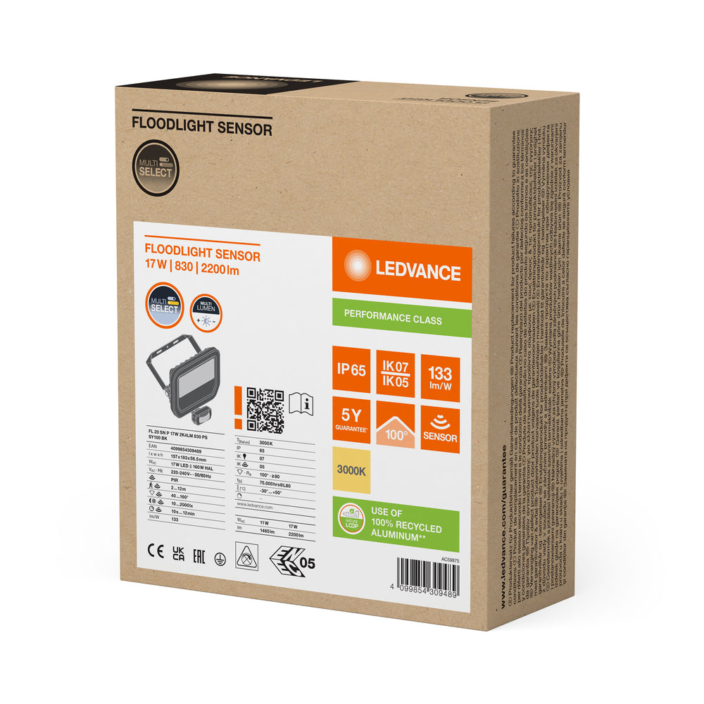 LED Projektør 17W 2200 lumen 3000K IP65 Sort med bevægelses- og lyssensor