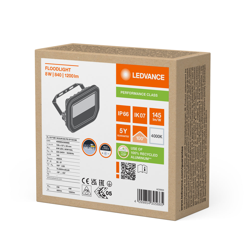LED Projektør Aluminium Sort 8W 1200 lumen 4000K IP66 symmetrisk lysstråle