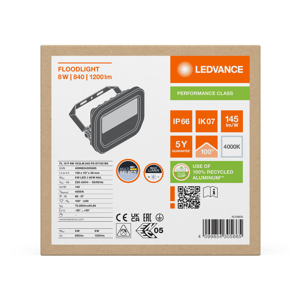 LED Projektør Aluminium Sort 8W 1200 lumen 4000K IP66 symmetrisk lysstråle