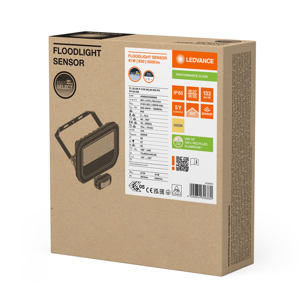 LED Projektør Sensor GEN 3 Sort 41W 3000K 5500 lumen IP65 med bevægelses- og lyssensor, erstatter 100W