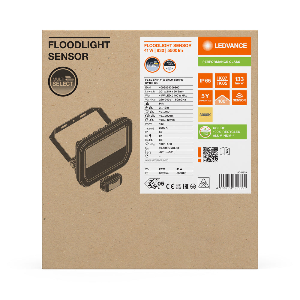 LED Projektør Sensor GEN 3 Sort 41W 3000K 5500 lumen IP65 med bevægelses- og lyssensor, erstatter 100W