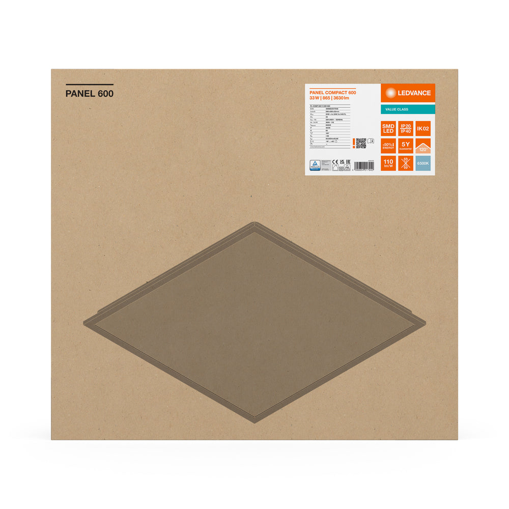 LED Panel Compact 33W 3630 lumens 6500K Daylight 60x60cm White Aluminium IP20 CRI 80 CE RoHS