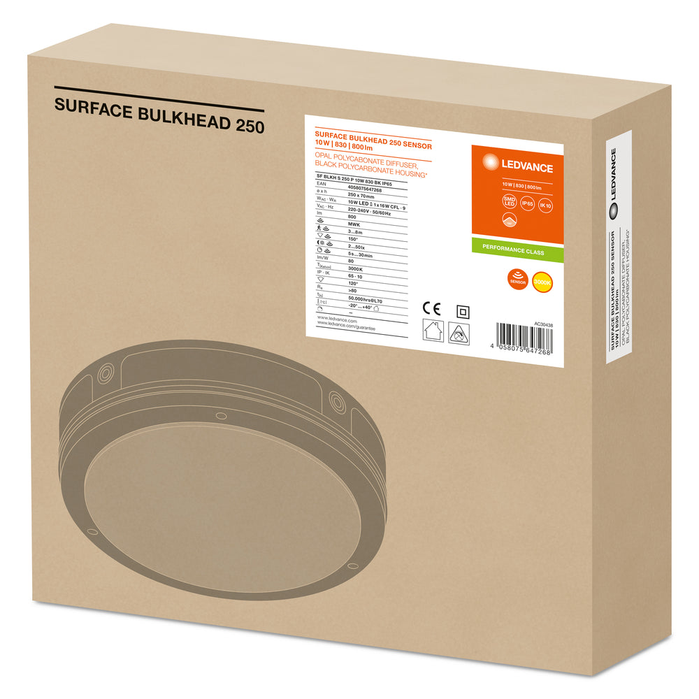 LED Vægarmatur Bulkhead med Sensor, 10W 800 lumen, 3000K Varm Hvid, IP65 IK10, Sort Ø250MM