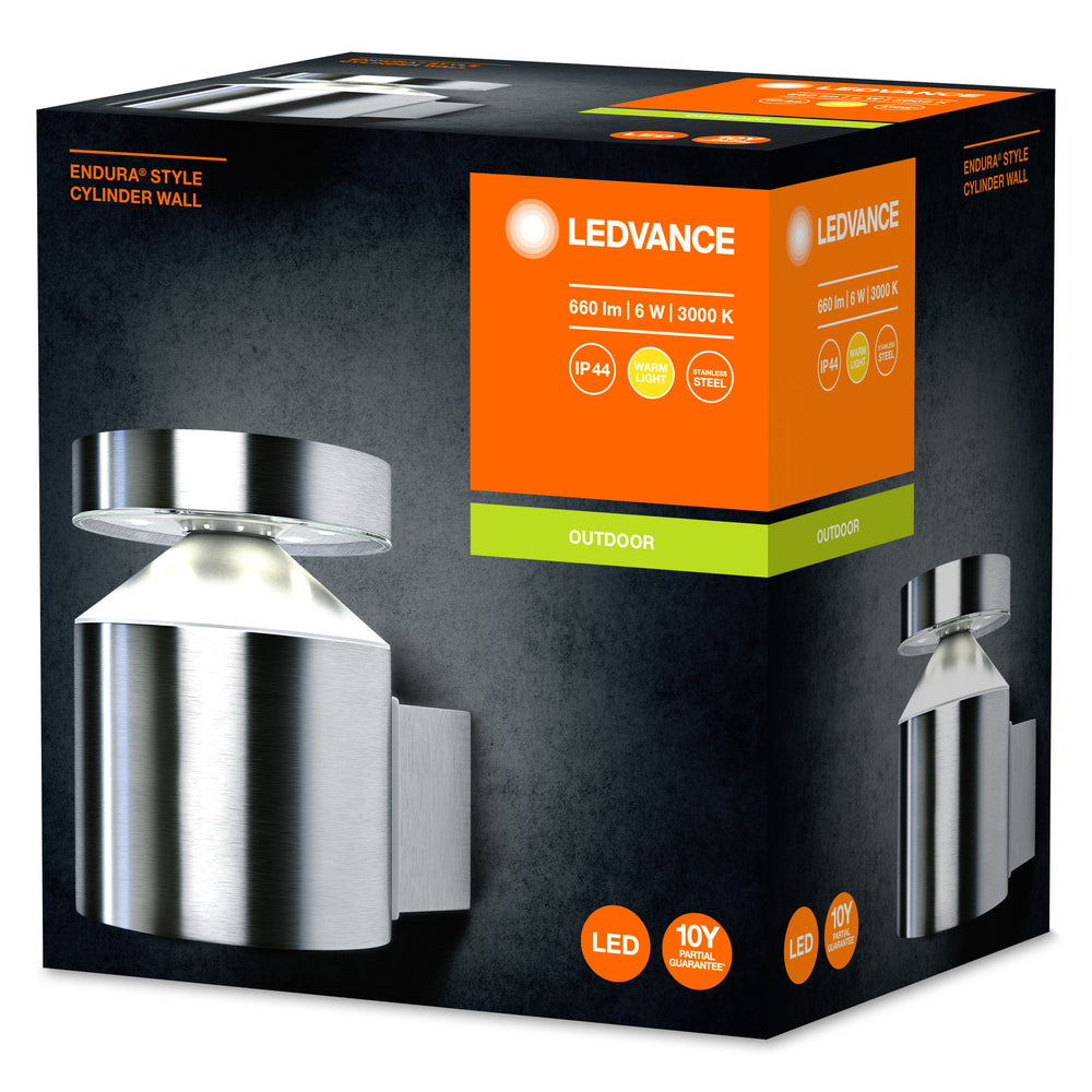 Ledvance ENDURA Style Cylinder Wall LED Light 6W 3000K IP44 Stainless Steel Outdoor Surface Mounted