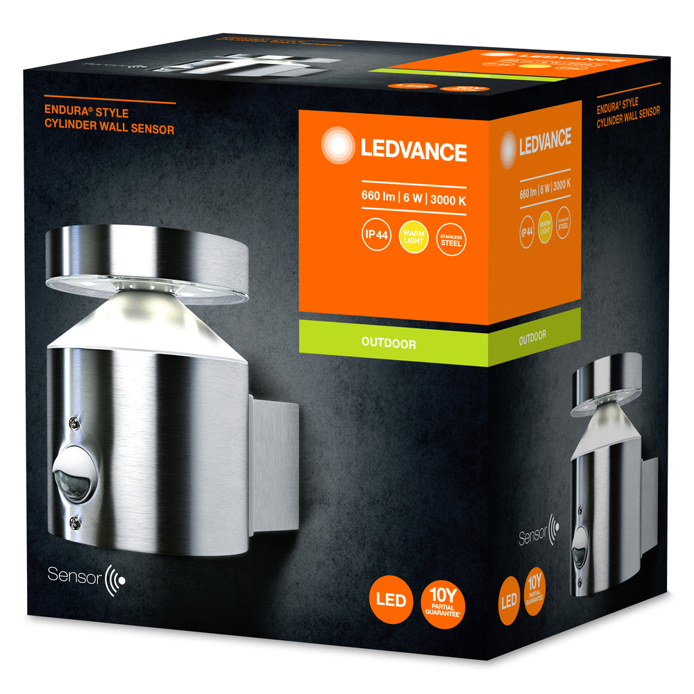 Ledvance ENDURA Style Cylinder Wall Sensor LED Outdoor Light 6W 3000K Stainless Steel IP44