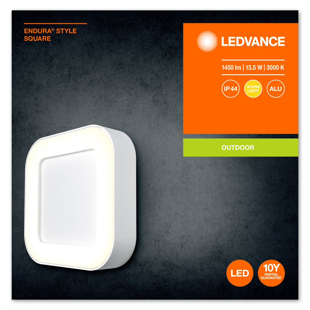 Ledvance ENDURA Style Square LED Væglampe 13.5W 3000K 220-240V IP44 IK07 Hvid Udendørs Overflademonteret