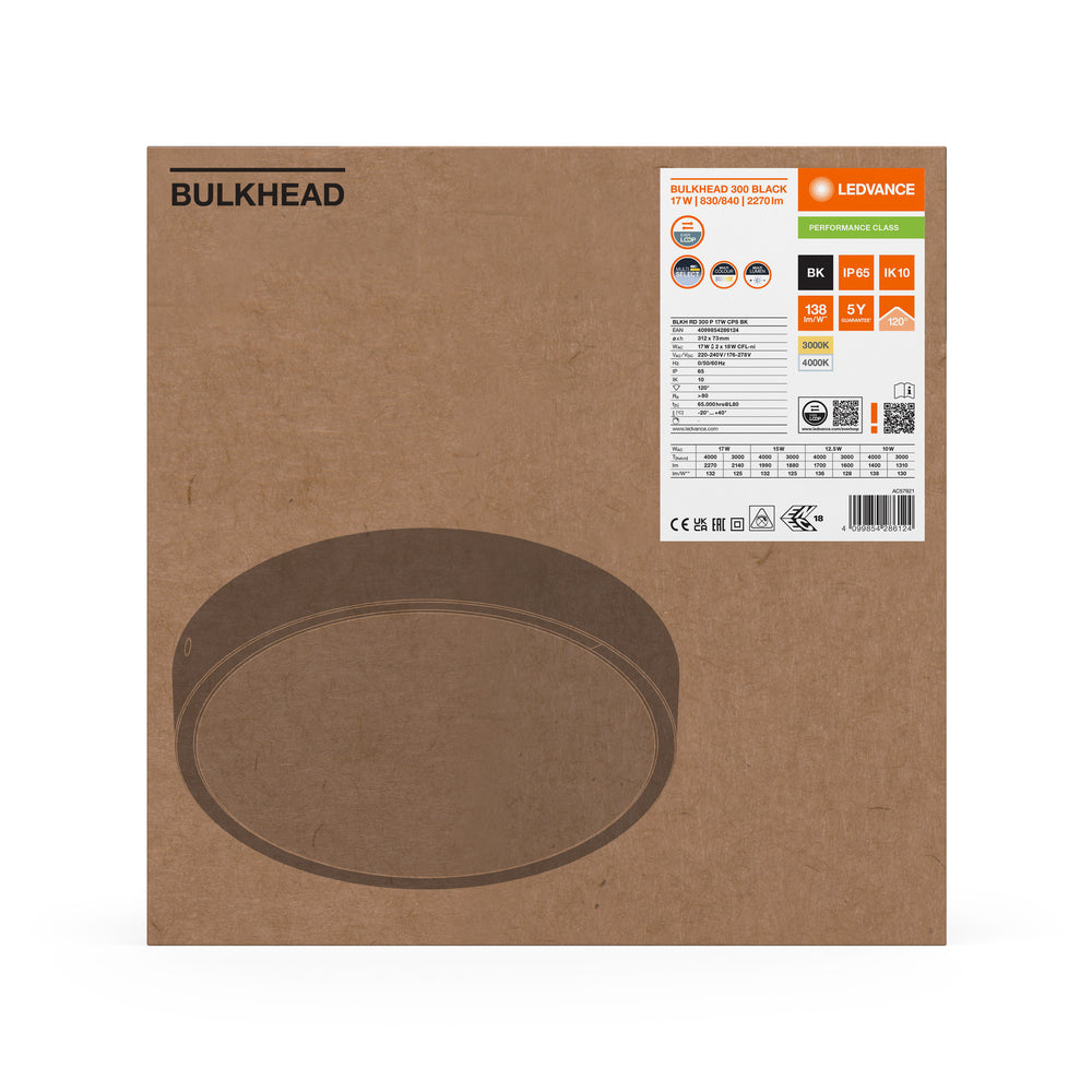 Ledvance LED Skotlampe Rund 300mm 17W IP65 IK10 2270 lumen 3000K 4000K Sort Overflademonteret Udendørs Lampe