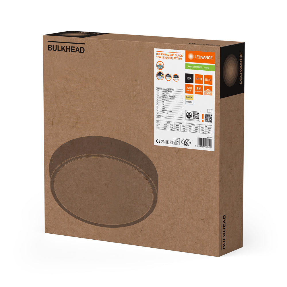 Ledvance LED Skotlampe Rund 300mm 17W IP65 IK10 2270 lumen 3000K 4000K Sort Overflademonteret Udendørs Lampe