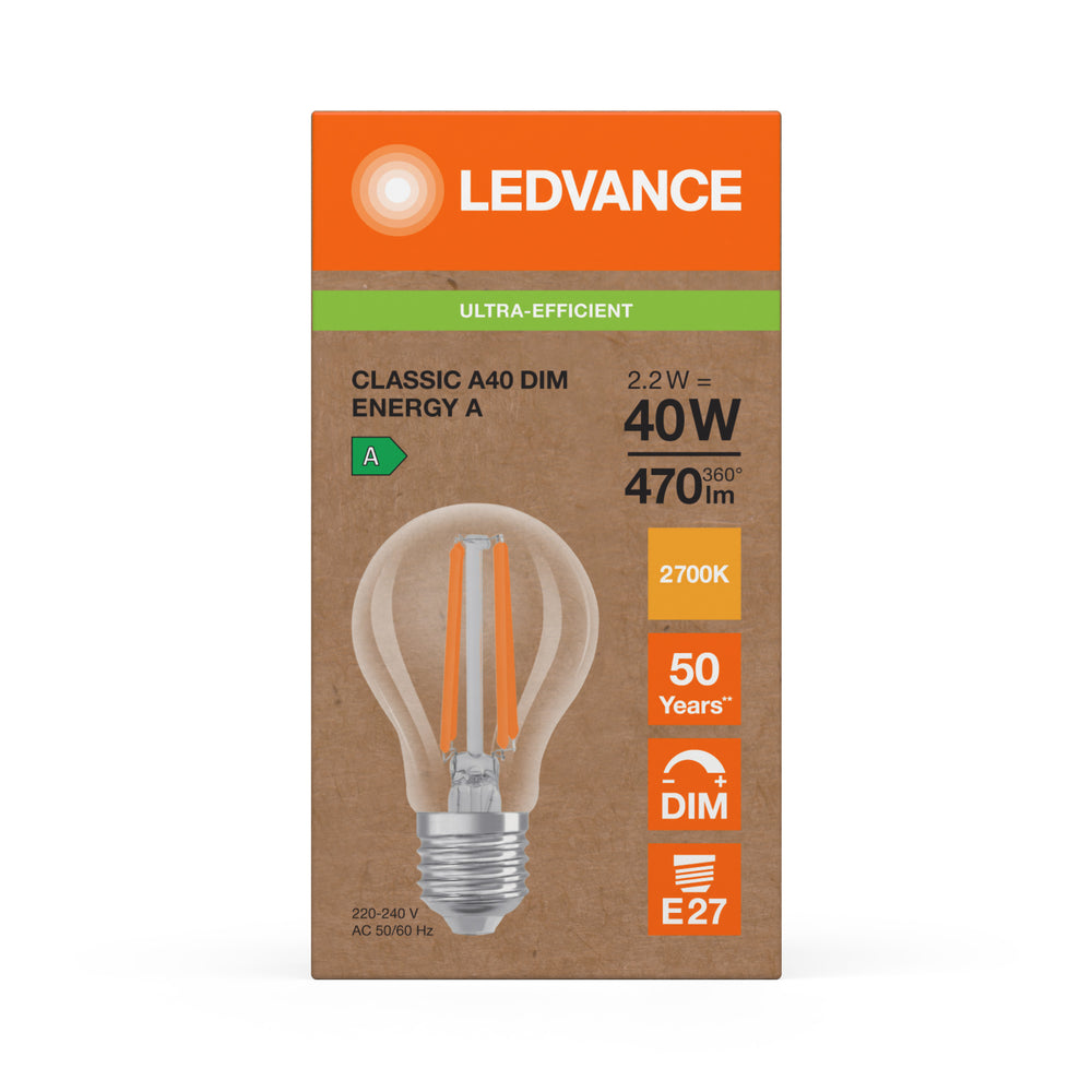 Ledvance LED Classic A E27 pære 2.2W 2700K dæmpbar 470 lumen klart glas 40W ækvivalent varm hvid