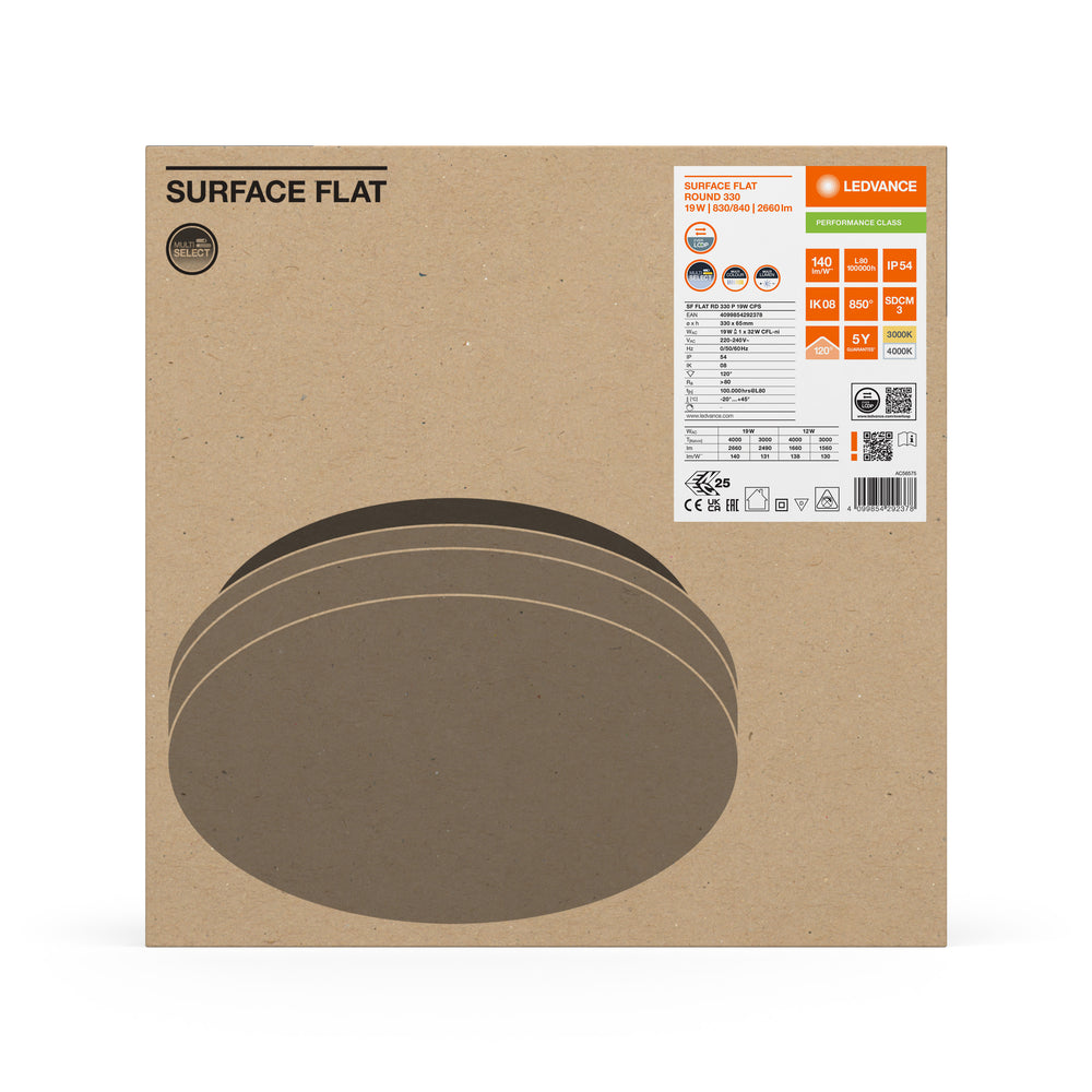 Ledvance LED overflade flad rund loft væglampe 19W 2660 lumen 3000K 4000K IP54 IK08 Hvid