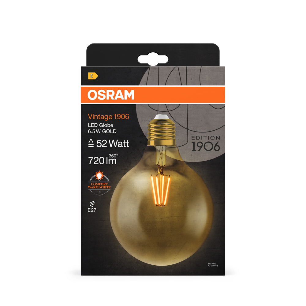 Ledvance Vintage 1906 LED Globe 6.5W E27 2400K Guld Glas Pære 720 lumen 220-240V IP20 124mm