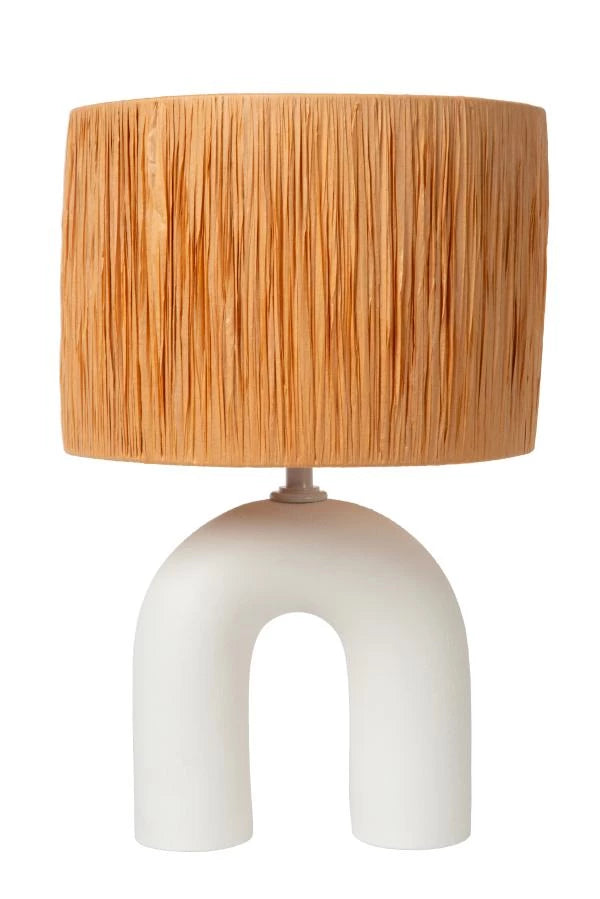 Lucide LED bordlampe Ronda med E27 fatning, rattanskjerm, keramisk base, 28x28x45cm Hvid til indendørs brug