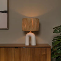 Lucide LED bordlampe Ronda med E27 fatning, rattanskjerm, keramisk base, 28x28x45cm Hvid til indendørs brug