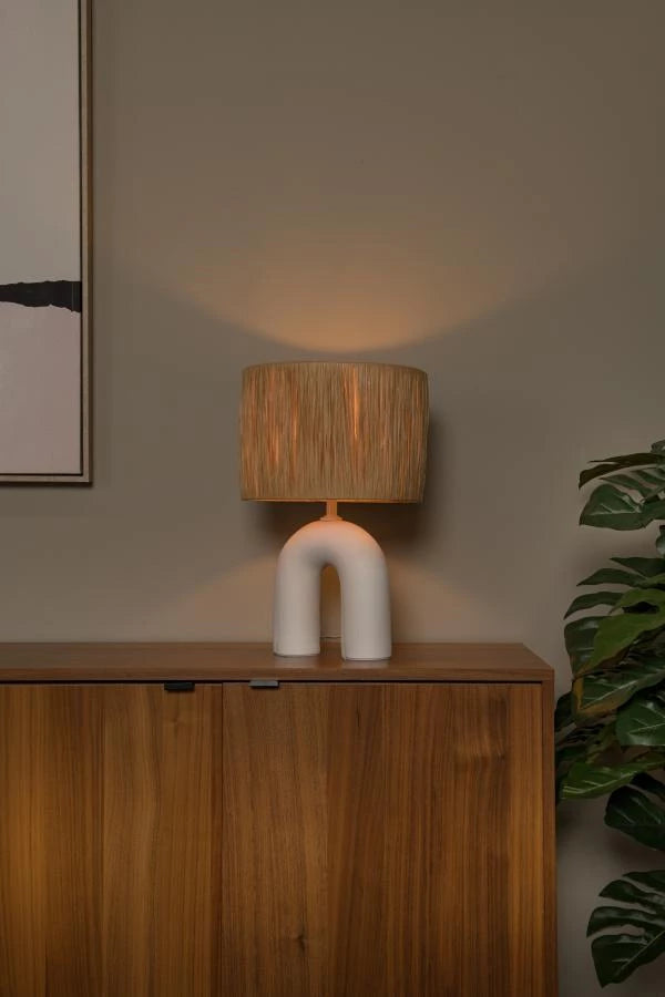 Lucide LED bordlampe Ronda med E27 fatning, rattanskjerm, keramisk base, 28x28x45cm Hvid til indendørs brug