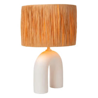 Lucide LED bordlampe Ronda med E27 fatning, rattanskjerm, keramisk base, 28x28x45cm Hvid til indendørs brug
