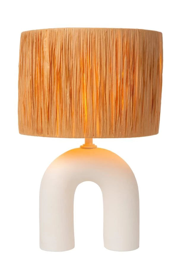 Lucide LED bordlampe Ronda med E27 fatning, rattanskjerm, keramisk base, 28x28x45cm Hvid til indendørs brug