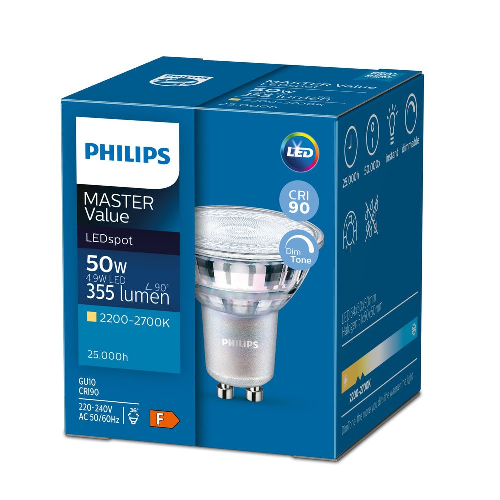 Philips LED spot GU10 4.8W 2700K 355 lumen 36° dæmpbar 220-240V CRI90 Varm Hvid