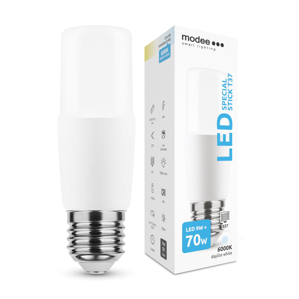 Modee LED Stick T37 E27 9W pære, 6000K dagslys, 700 lumen, 200° lysvinkel, CRI 80, IP20, erstatter 70W