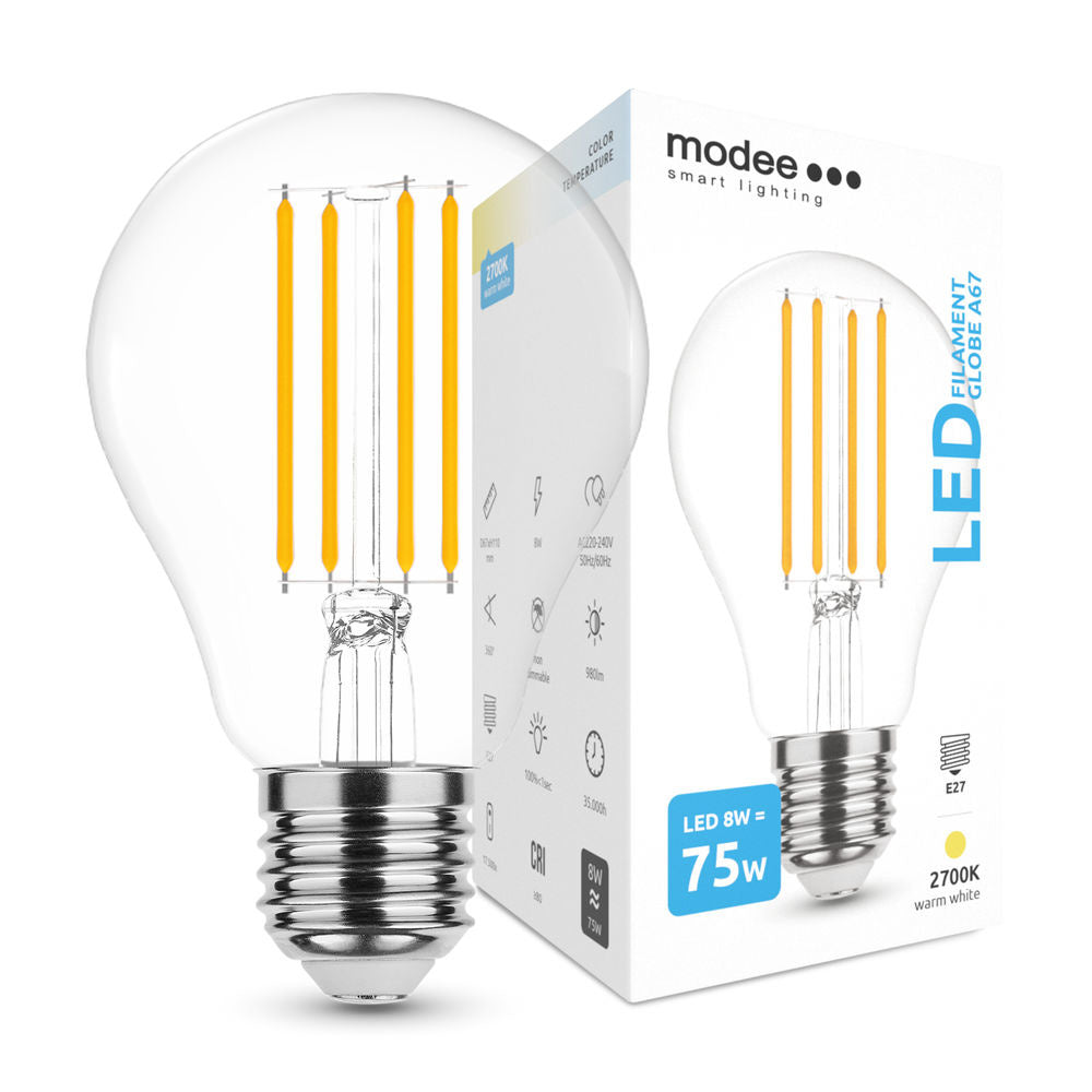 Modee LED filament lamp E27 A67 10.5W 3000K warm white light IP20 220-240V CRI 80 CE RoHS