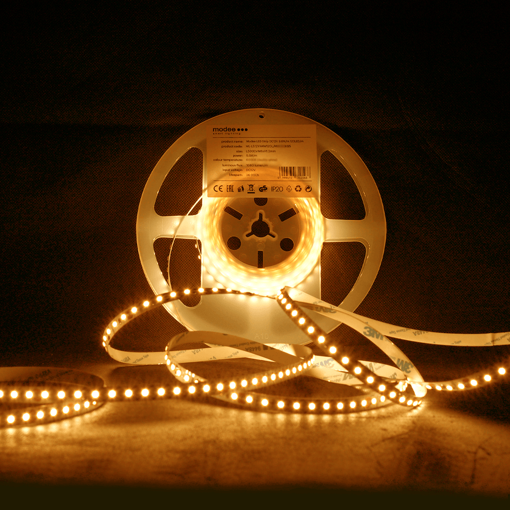 Modee LED Strip DC12V 9.6W/m 120LED/m 1080 lumen IP20 2700K 8mm Enkeltfarve Kobber 5m Rulle