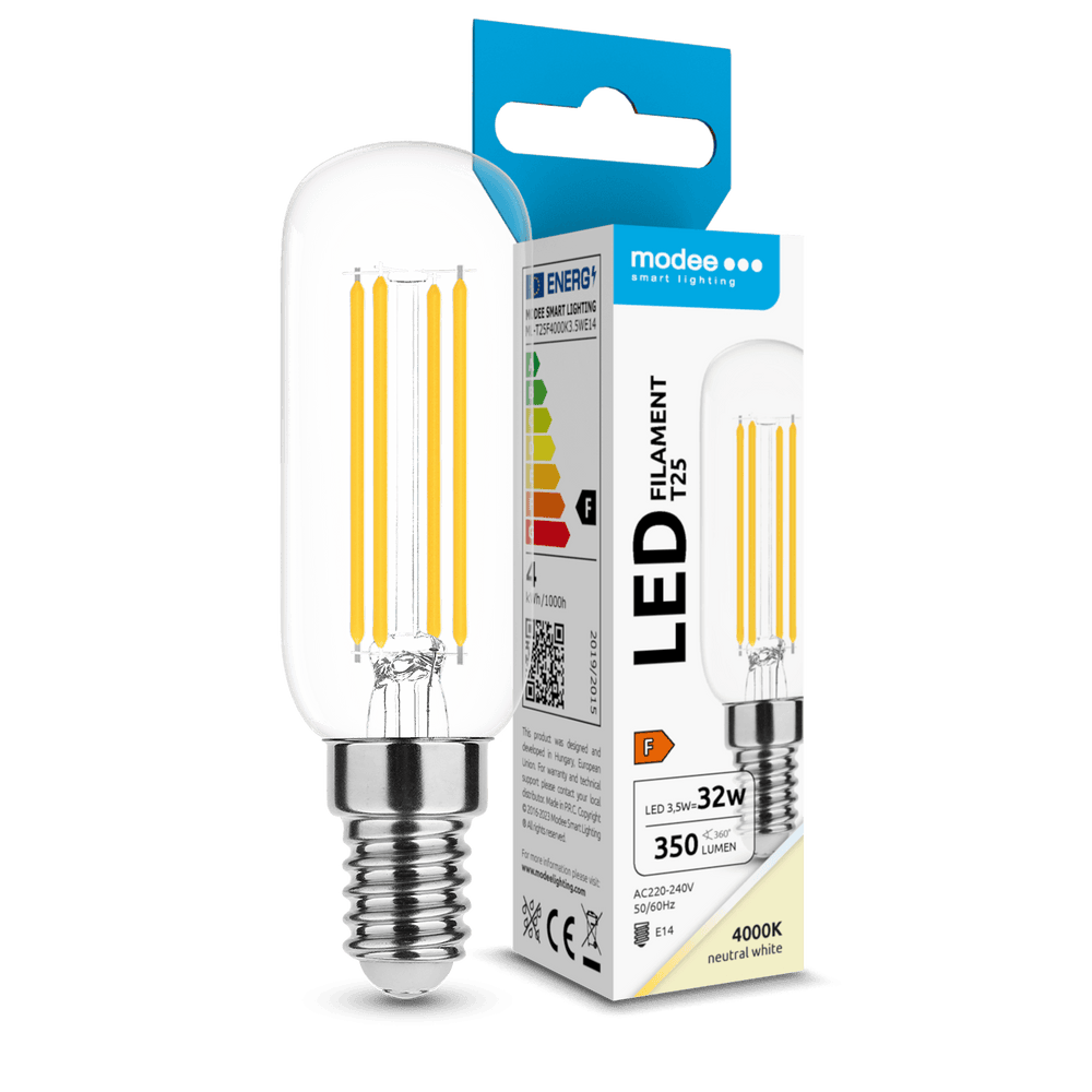 Modee Filament LED Rør T25 3.5W E14 4000K 350 lumen 360° Glas Pære IP20 >80CRI