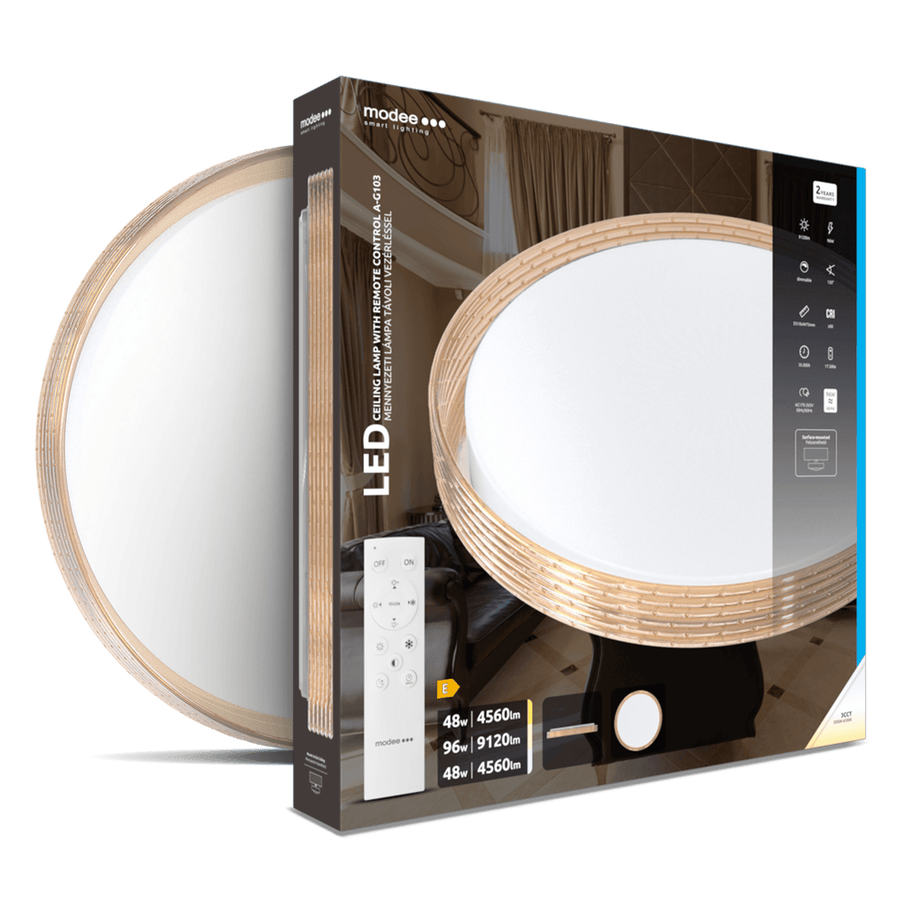 Modee LED Loftlampe 2x48W 3CCT 2700K-6500K 9120 lumen IP20 Ø510x75mm Brun med fjernbetjening