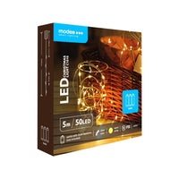 Modee LED julelyskæde 5m 50LED 3000K varm hvid kobbertråd batteridrevet IP20 indendørs brug