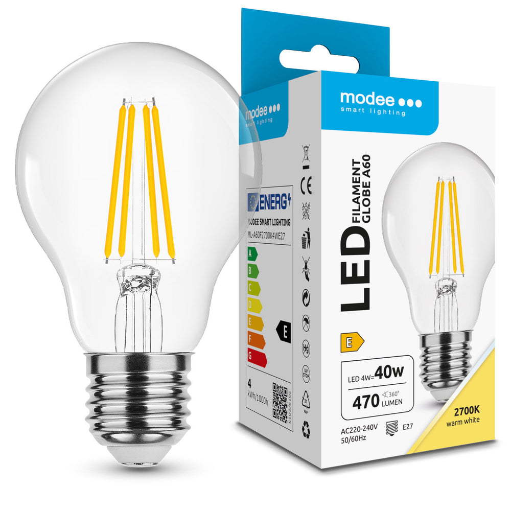 Modee LED filamentpære A60 4W E27 2700K 470 lumen 360° varm hvid glasglobus ikke dæmpbar IP20