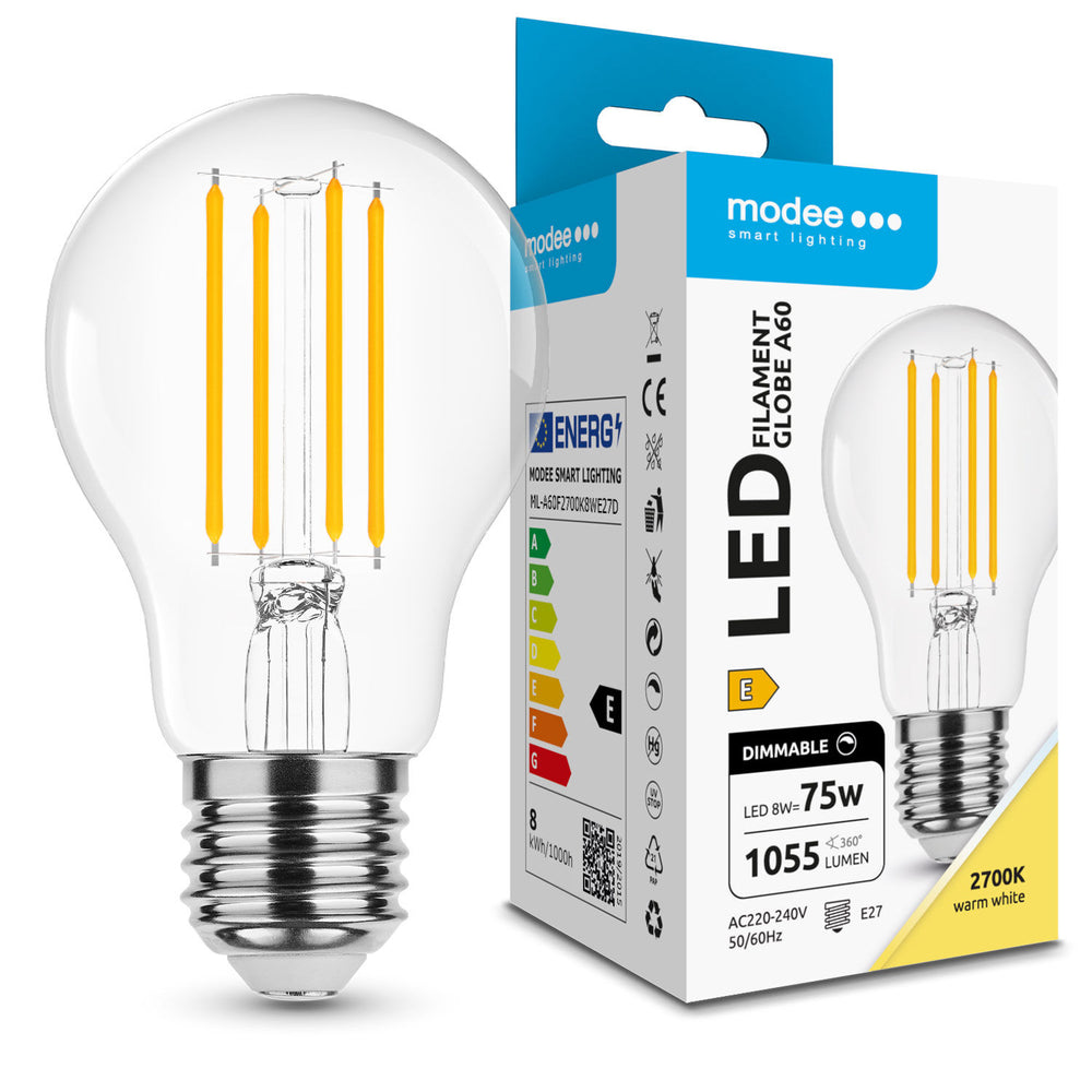 Modee LED Filament Pære A60 8W E27 2700K 1055 lumen Dæmpbar Glas 360° Varm Hvid