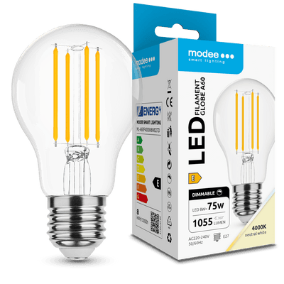 Modee LED Filament Pære A60 8W E27 4000K 1055 lumen 360° Dæmpbar Glas IP20