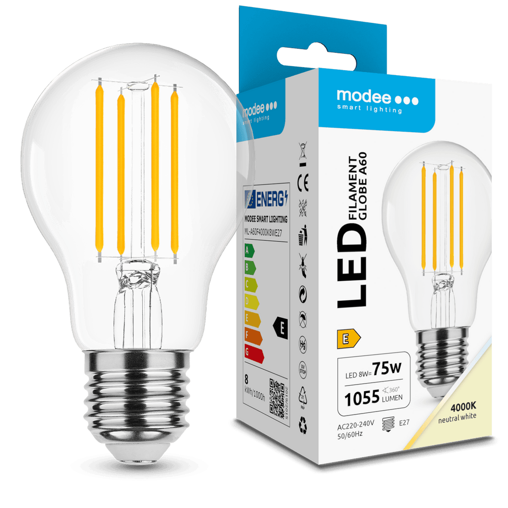 Modee LED Filamentpære A60 8W E27 4000K 1055 lumen 360° Glasglobus IP20 Ikke dæmpbar