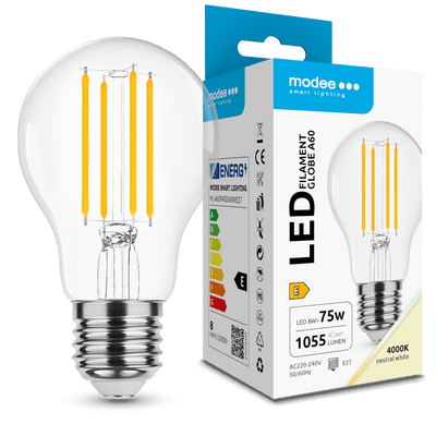 Modee LED Filamentpære A60 8W E27 4000K 1055 lumen 360° Glasglobus IP20 Ikke dæmpbar