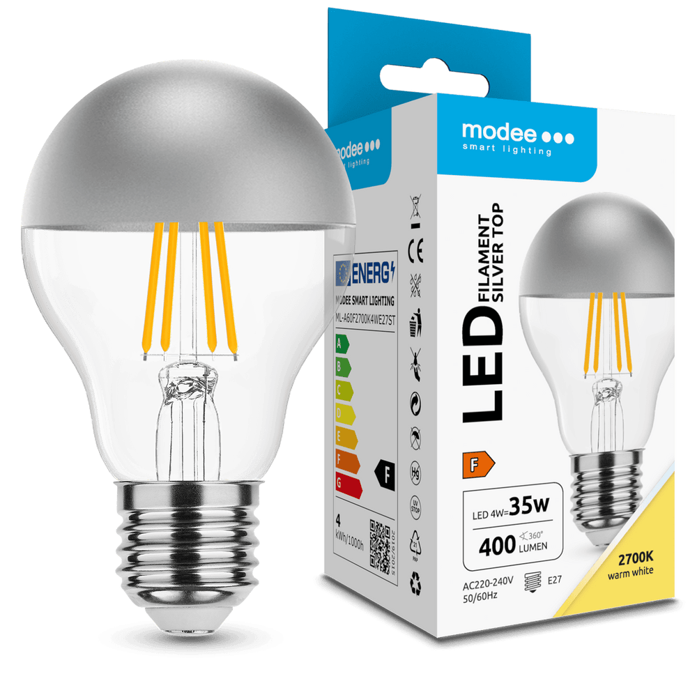 Modee LED Filament Pære A60 E27 4W 2700K 400 lumen 320° Sølvtoppet Glas Ikke-Dæmpbar
