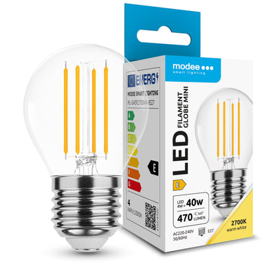 Modee LED filamentpære G45 mini globe 4W E27 2700K 470 lumen 360° glas ikke-dæmpbar