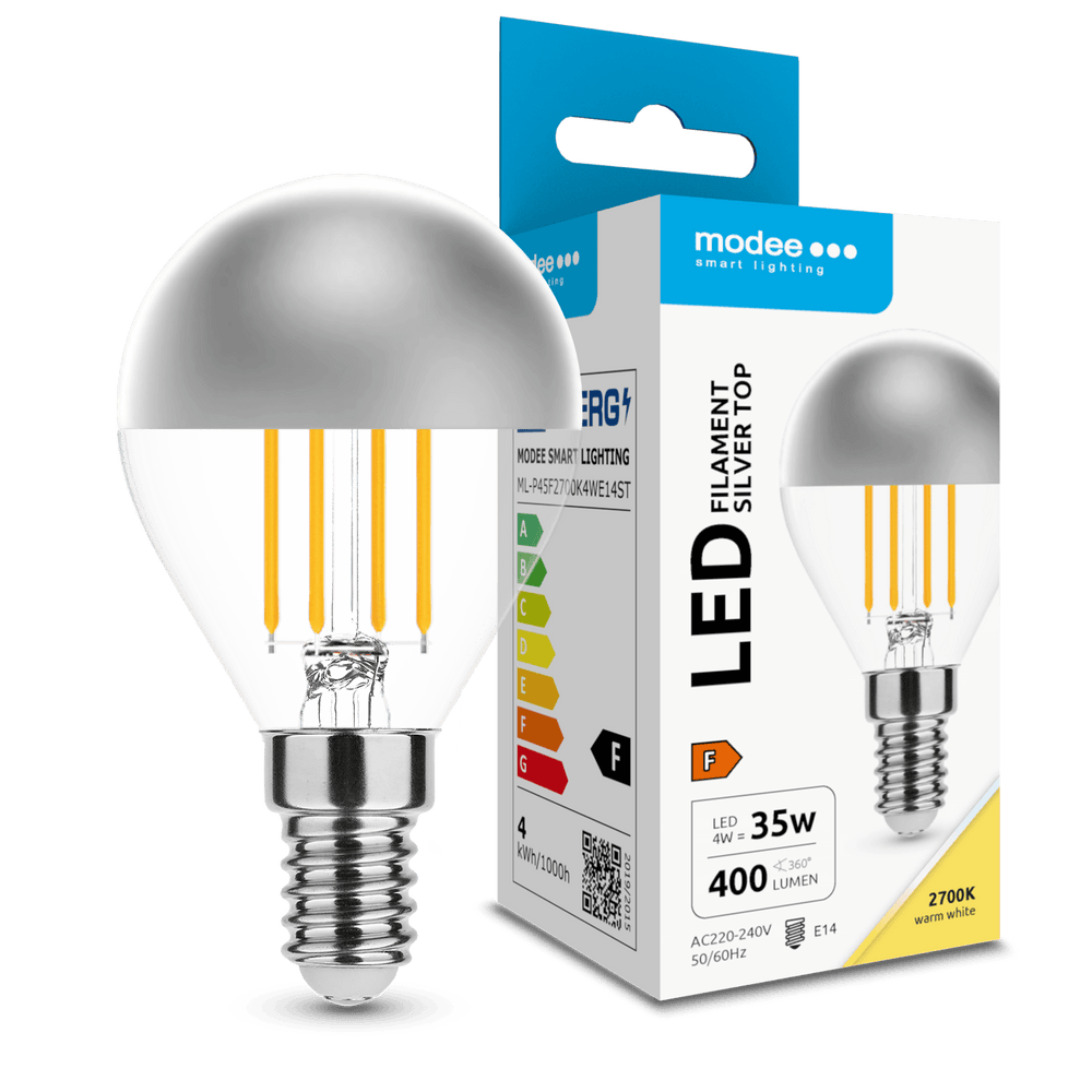 Modee LED filamentpære G45 Silver Top 4W E14 2700K 400 lumen 320° varm hvid glas krom