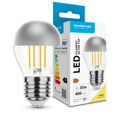 Modee LED Filament G45 Mini Globepære 4W E27 2700K 400 lumen Sølv Top 320° Varm Hvid