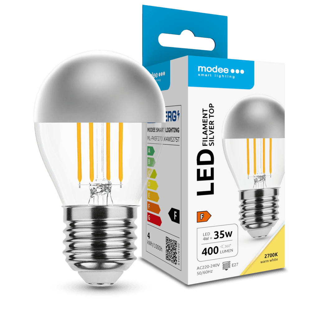 Modee LED Filament G45 Mini Globepære 4W E27 2700K 400 lumen Sølv Top 320° Varm Hvid