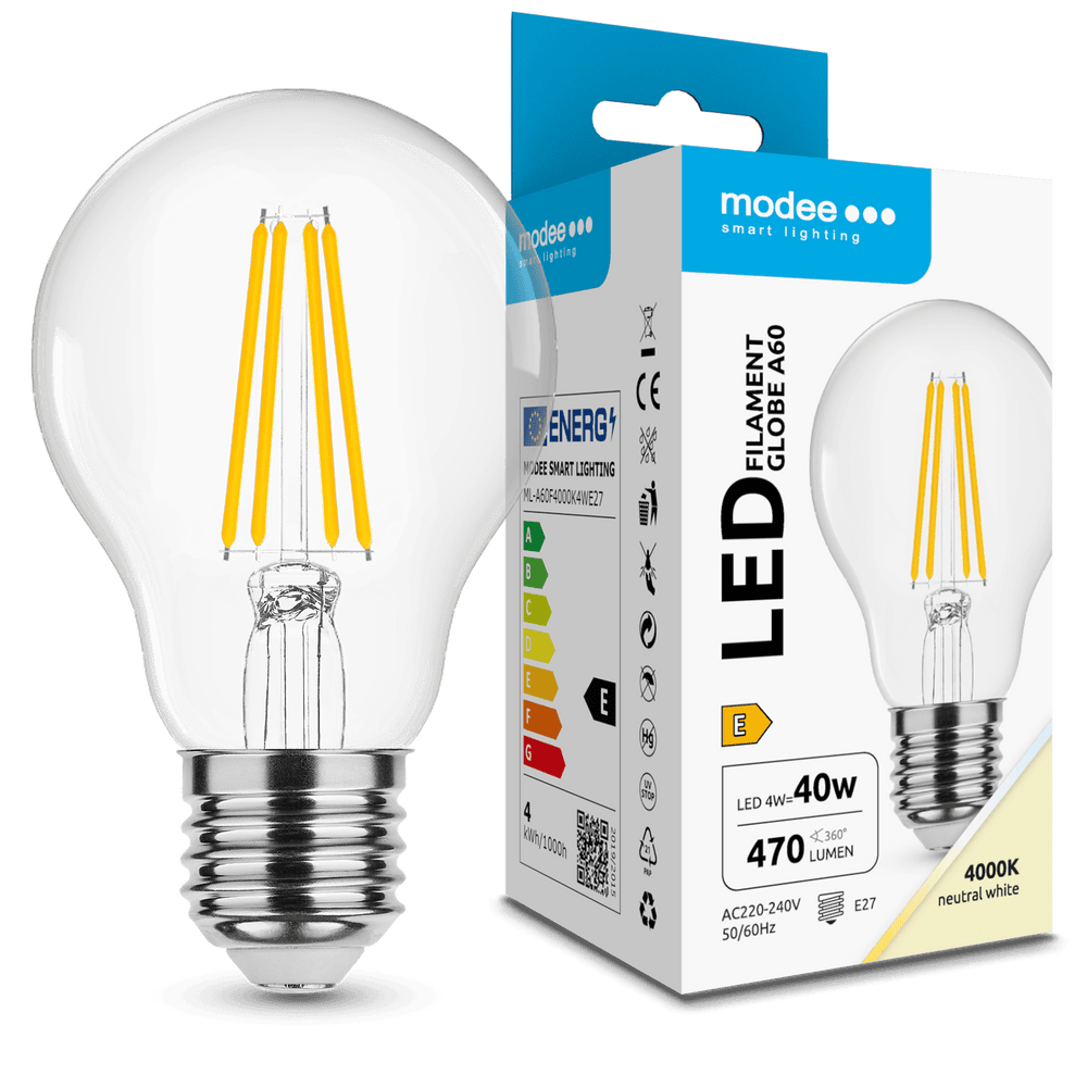 Modee LED Filament Globus A60 4W E27 4000K 470 lumen 360° Glas Pære IP20 CRI 80