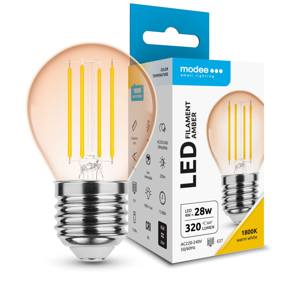 Modee LED Filament Globe Mini G45 4W E27 Amber 1800K 360 lumens 320° IP20