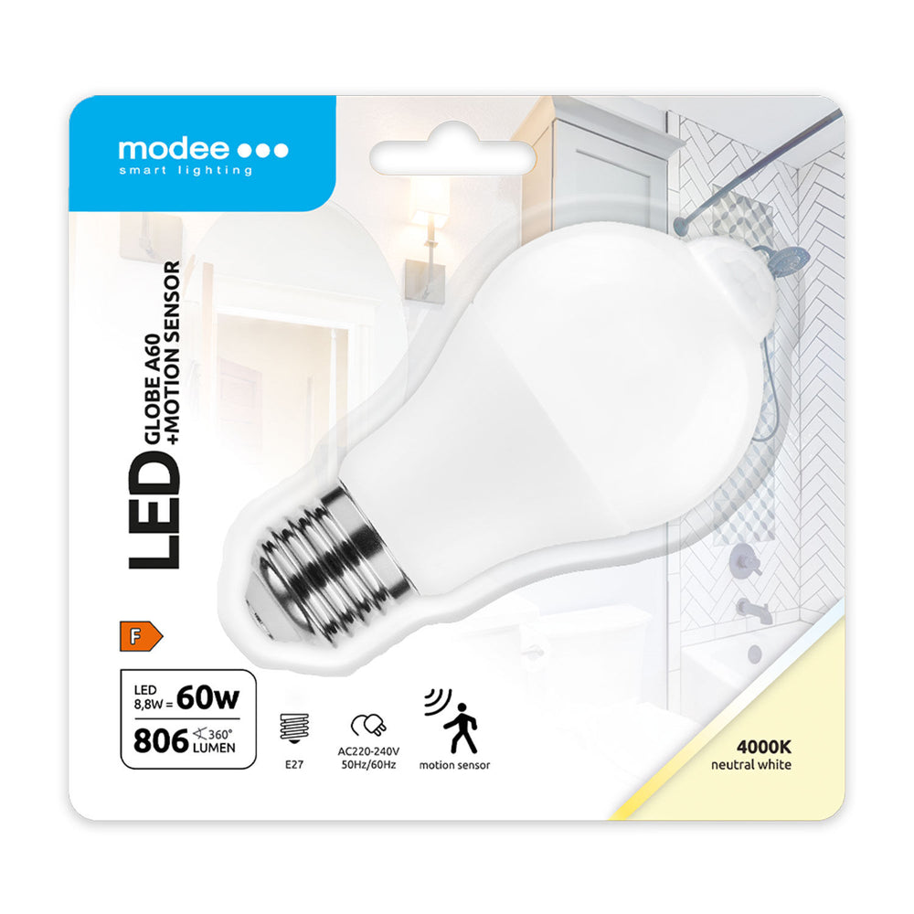 Modee LED Smart Globe A60 8.8W E27 4000K 806 lumen PIR Sensor pære 200° strålevinkel IP20