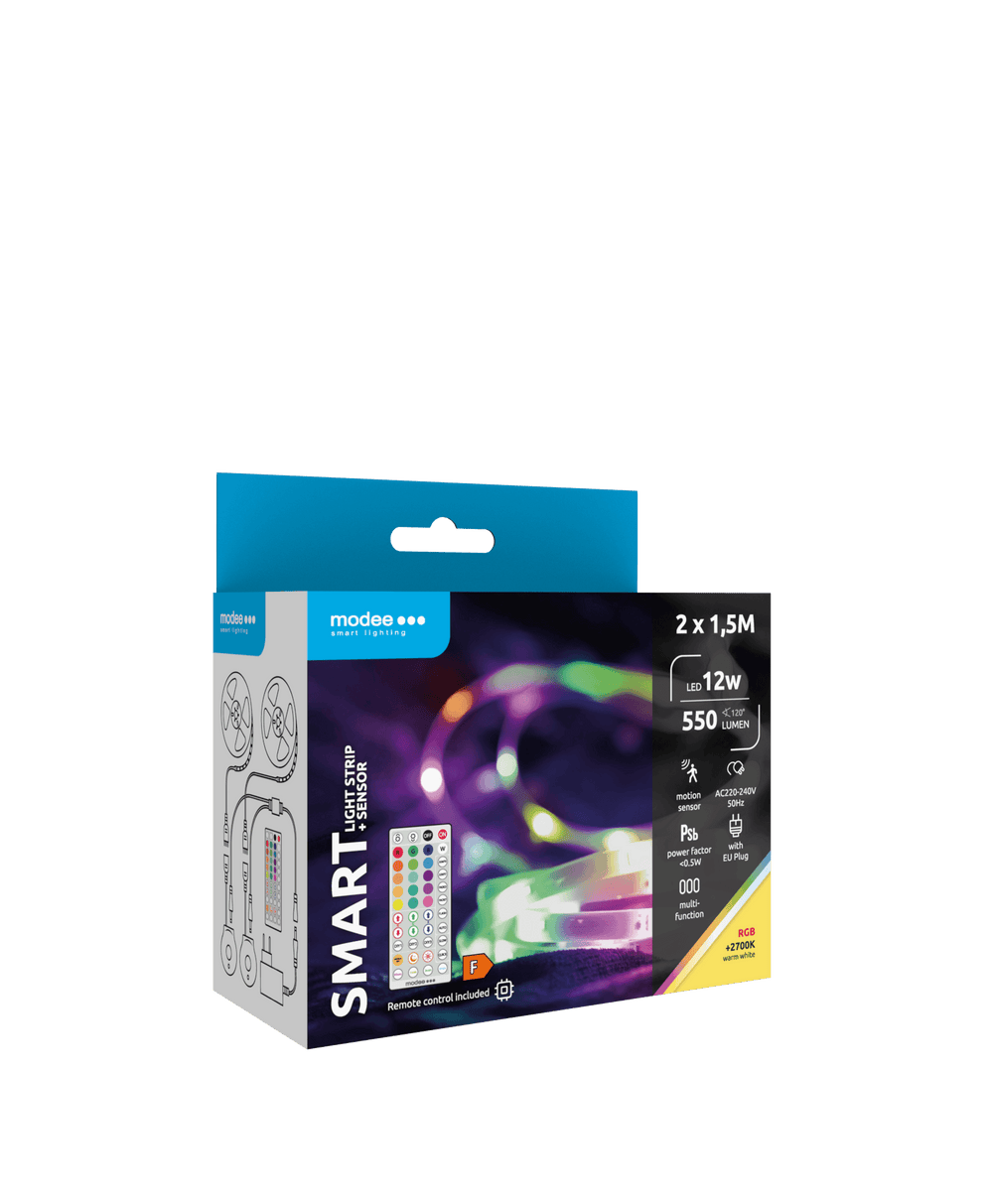 Modee LED Smart Strip 12W 2700K RGB IP20 med fjernbetjening og bevægelsessensor, 2x1.5m, 550 lumen