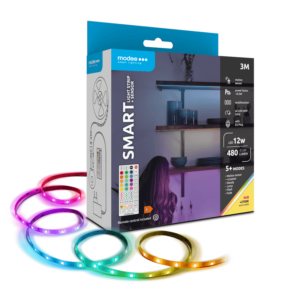 Modee LED Smart Strip 12W 3M IP20 med fjernbetjening, sensor, RGB + 2700K 480 lumen til fleksibel belysning