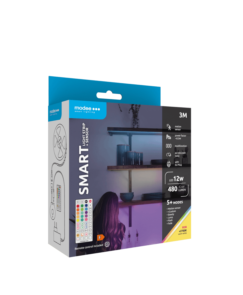Modee LED Smart Strip 12W 3M IP20 med fjernbetjening, sensor, RGB + 2700K 480 lumen til fleksibel belysning